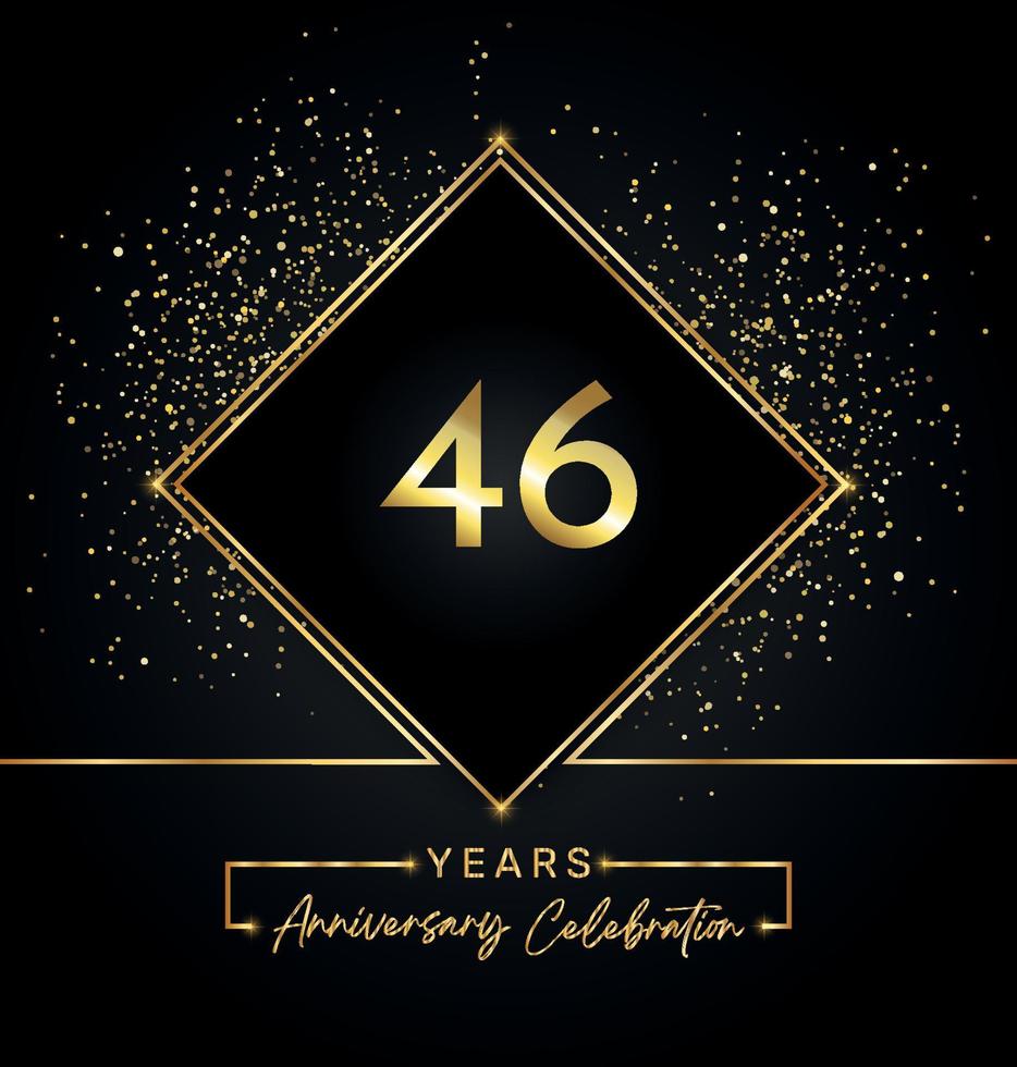 Celebração de aniversário de 46 anos com moldura dourada e glitter dourados sobre fundo preto. desenho vetorial para cartão de felicitações, festa de aniversário, casamento, festa de evento, convite. logotipo de aniversário de 46 anos. vetor