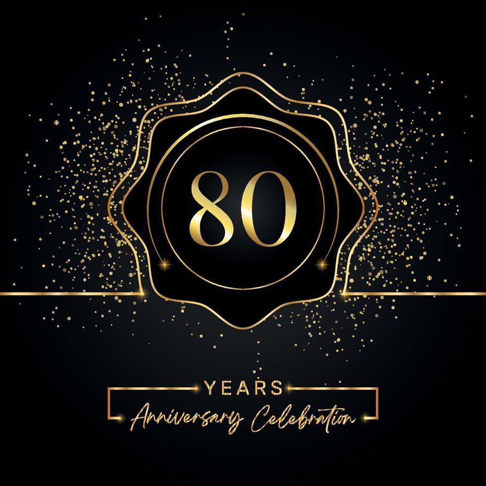 Celebração de aniversário de 80 anos com moldura de estrela dourada isolada em fundo preto. design vetorial para cartão de felicitações, festa de aniversário, casamento, festa de evento, cartão de convite. logotipo de aniversário de 80 anos. vetor