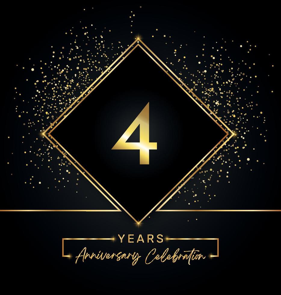 4 anos de comemoração de aniversário com moldura dourada e glitter dourados sobre fundo preto. desenho vetorial para cartão de felicitações, festa de aniversário, casamento, festa de evento, convite. logotipo de aniversário de 4 anos. vetor