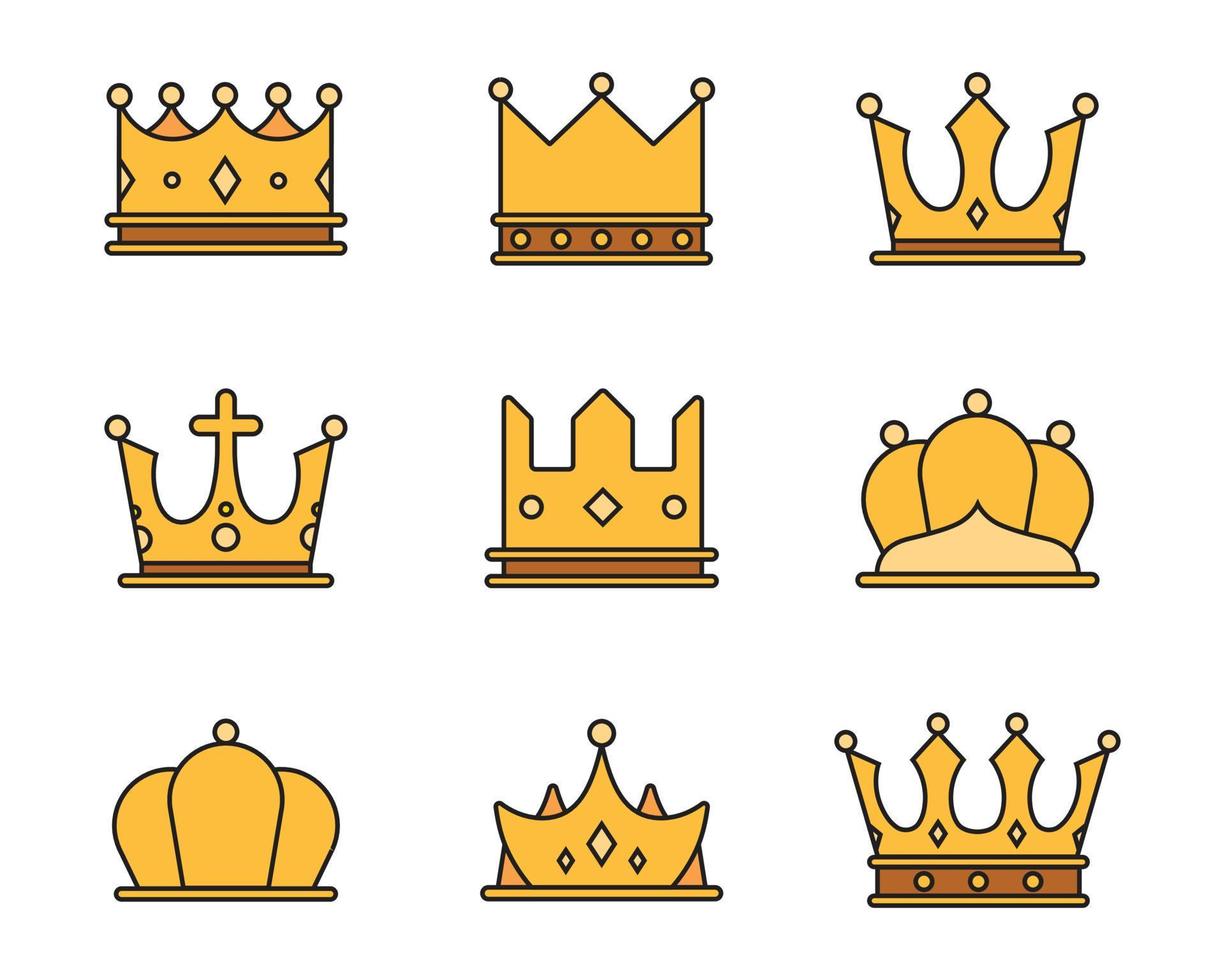 uma coleção de coroas de rei de ouro simples e luxuosas em ilustrações vetoriais vetor