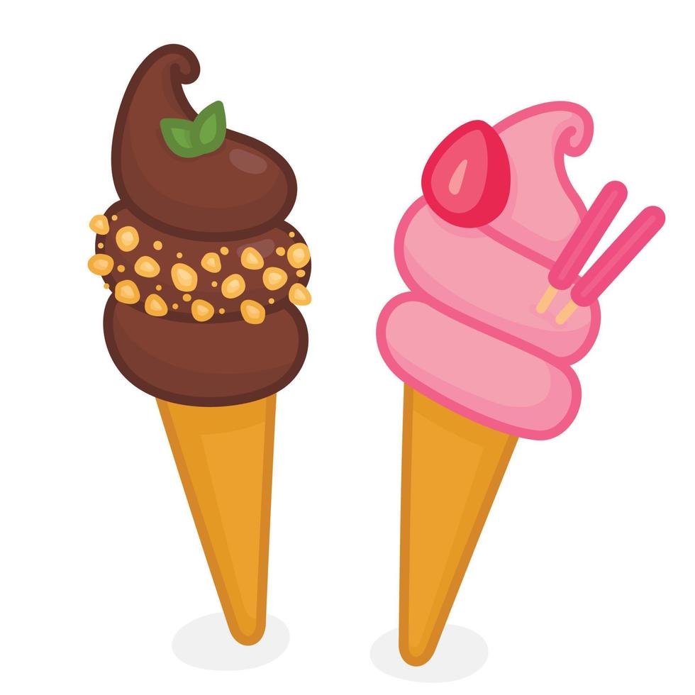 sorvete de chocolate macio e morango nos cones kawaii doodle ilustração vetorial plana vetor