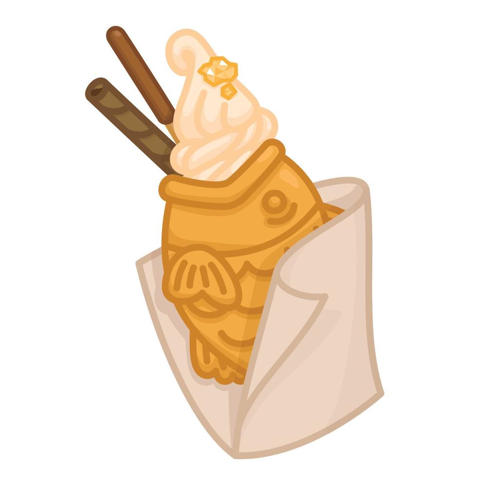 cobertura de sorvete de leite de baunilha taiyaki com rolo de bolacha de chocolate e folha de ouro em um envelope de papel kawaii doodle ilustração vetorial plana vetor