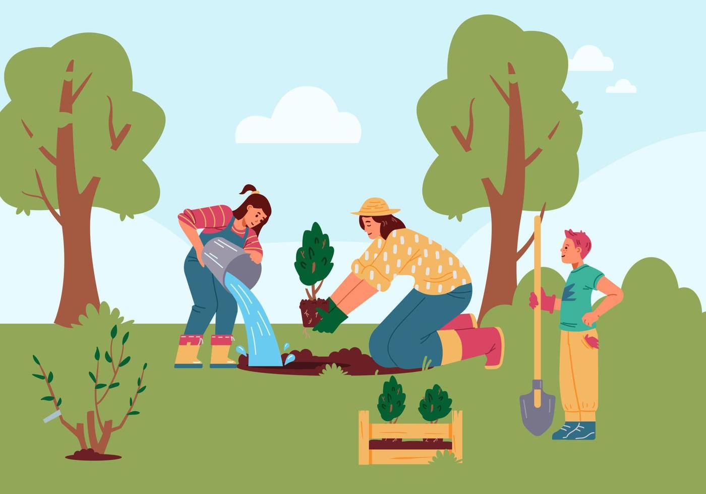 mãe e filhos plantando árvores ao ar livre ilustração vetorial plana. mulher e dois filhos jardinagem na zona rural. vetor