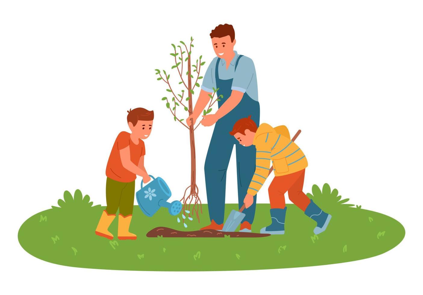 pai com filhos plantando uma árvore no jardim. menino cavando e regando. ilustração vetorial plana. vetor