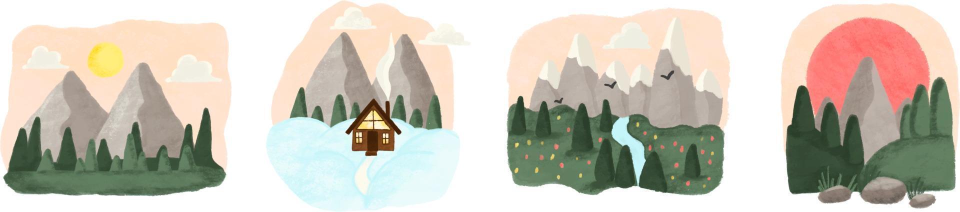 conjunto de ilustrações que descrevem montanhas paisagem planalto vetor