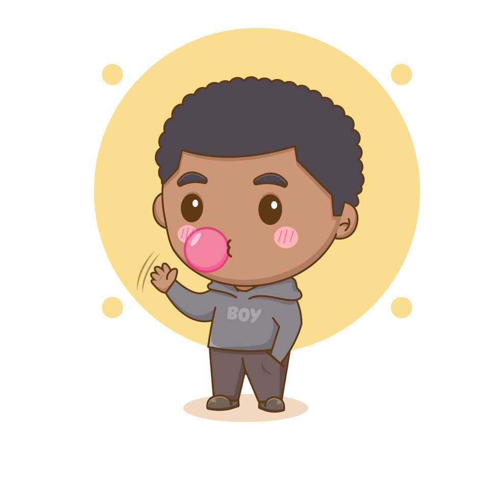 menino feliz bonito estourando bolhas de chiclete. personagem de desenho animado chibi. ilustração de arte vetorial vetor