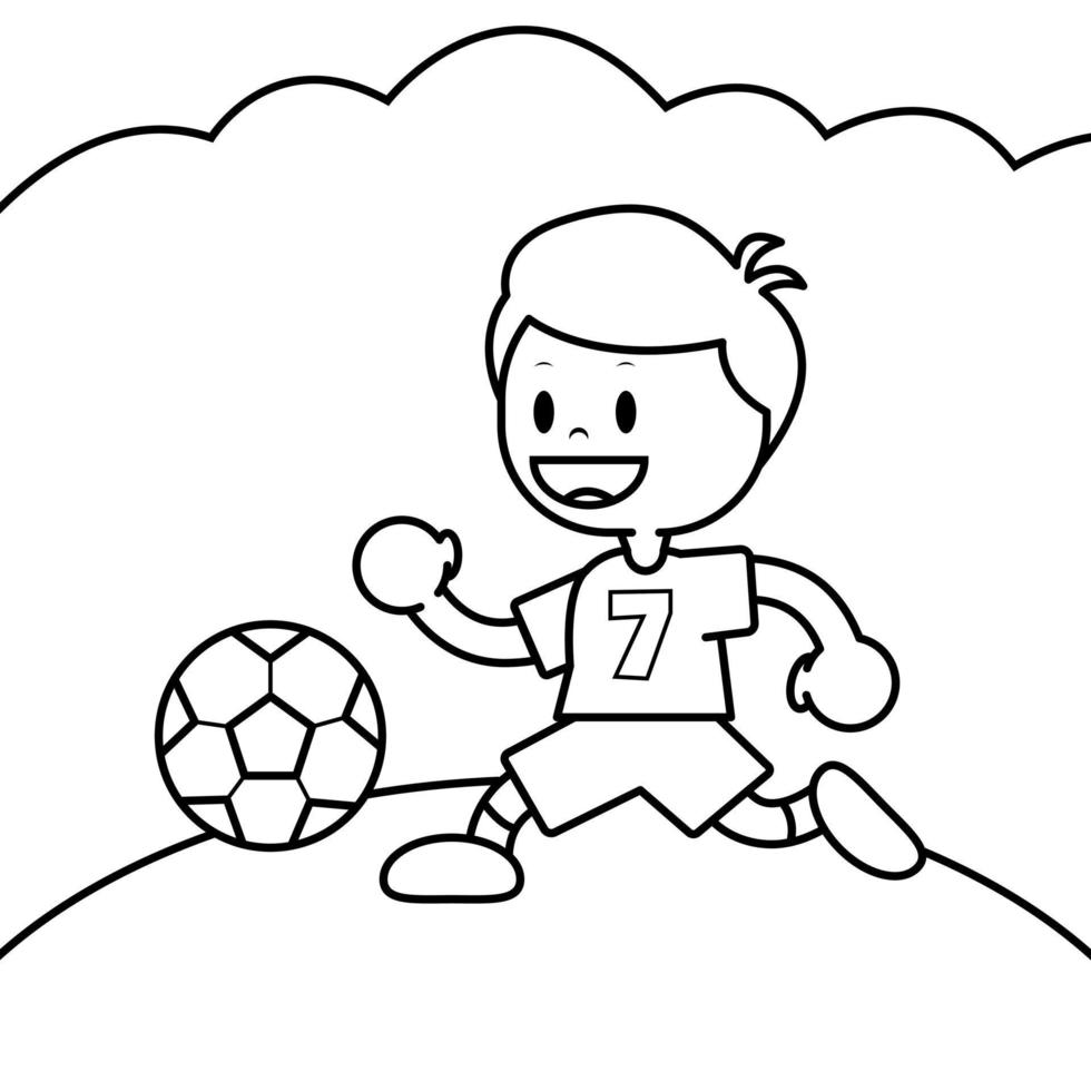 folha para colorir de um menino jogando futebol. adequado para atividades pré-escolares e educacionais vetor