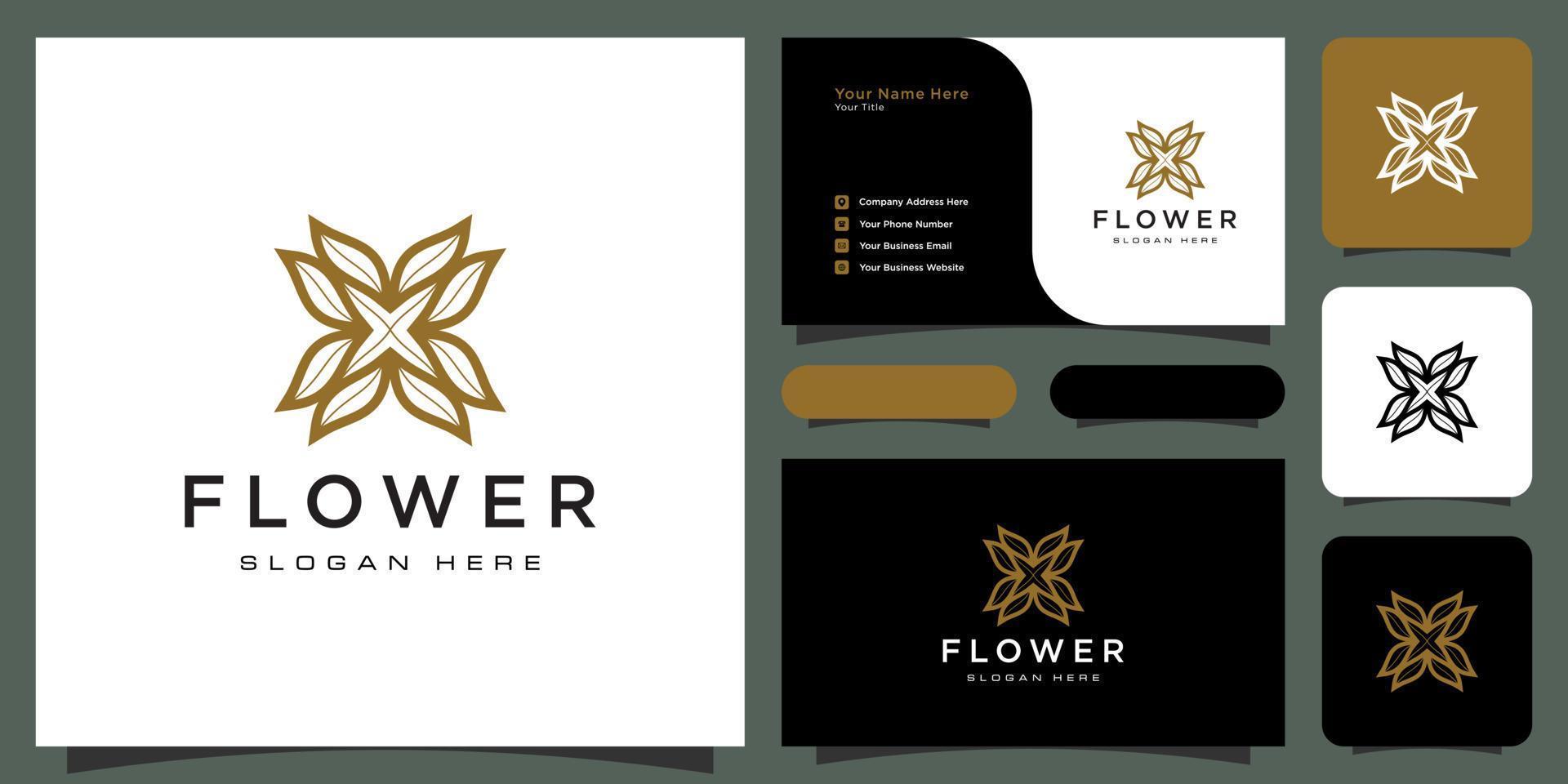 Flor com logotipo de luxo da linha mono com design de cartão de visita vetor