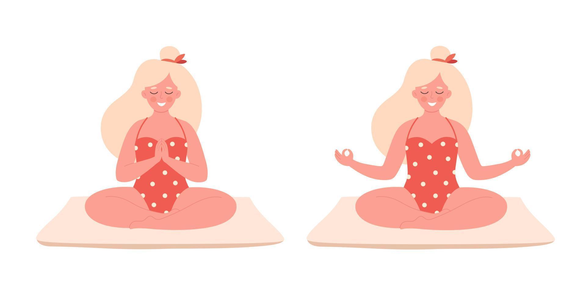 mulher meditando em traje de banho. estilo de vida saudável, ioga, relaxe, exercícios respiratórios. Olá verão. vetor