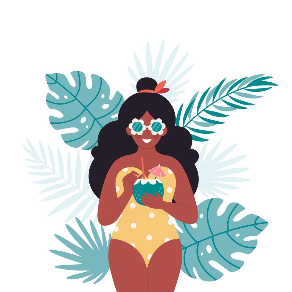 mulher negra com coquetel de verão em fundo de folhas tropicais. olá verão, férias, verão, festa de verão vetor