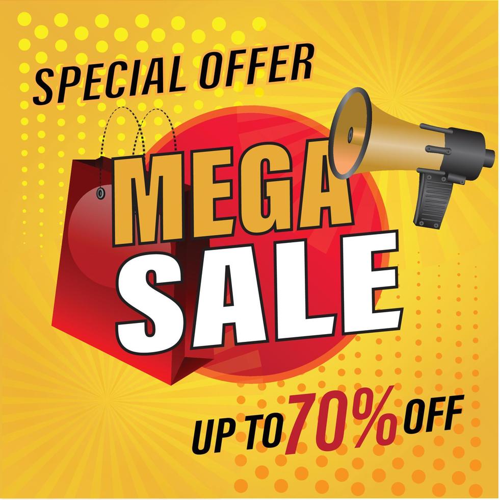 banner de mega venda de oferta especial, com até 70% de desconto. ilustração vetorial vetor