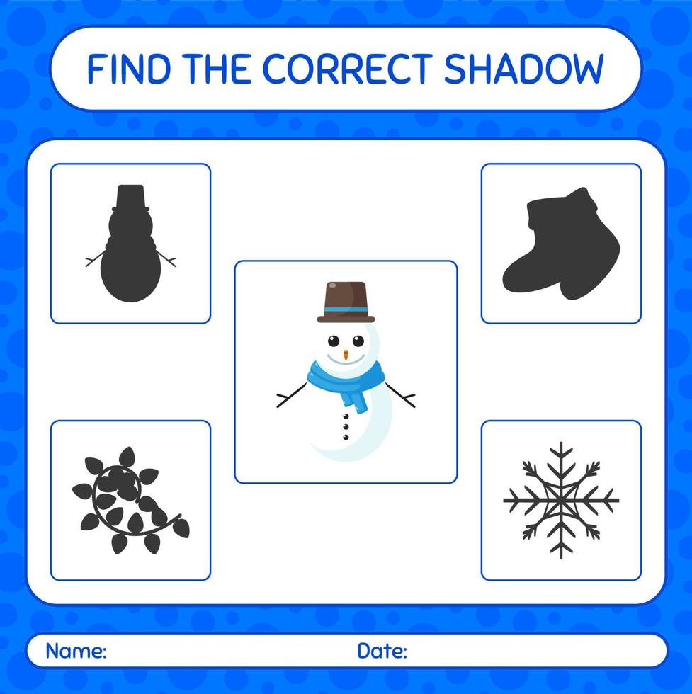 encontre o jogo de sombras correto com boneco de neve. planilha para crianças pré-escolares, folha de atividades para crianças vetor