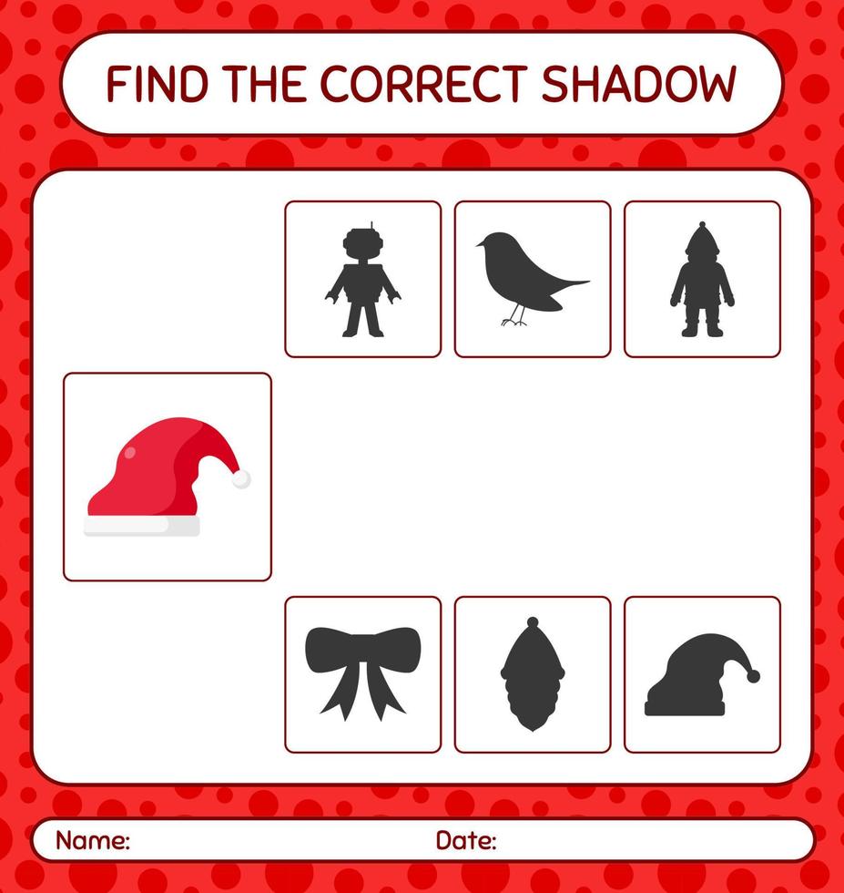 encontre o jogo de sombras correto com chapéu de papai noel. planilha para crianças pré-escolares, folha de atividades para crianças vetor