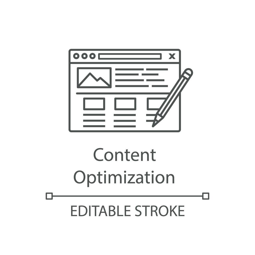 ícone linear de redação de seo. otimização de conteúdo do site. ilustração de linha fina. promoção do site. redação de postagens de mídia social. símbolo de contorno. desenho de contorno isolado de vetor. traço editável vetor