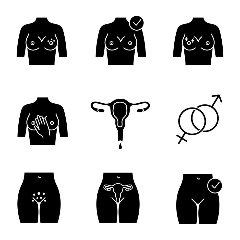 conjunto de ícones de glifo de ginecologia. erupção mamária, dor, saúde da mulher, palpação, menstruação, heterossexualidade, erupção genital, útero. símbolos de silhueta. ilustração vetorial isolada vetor