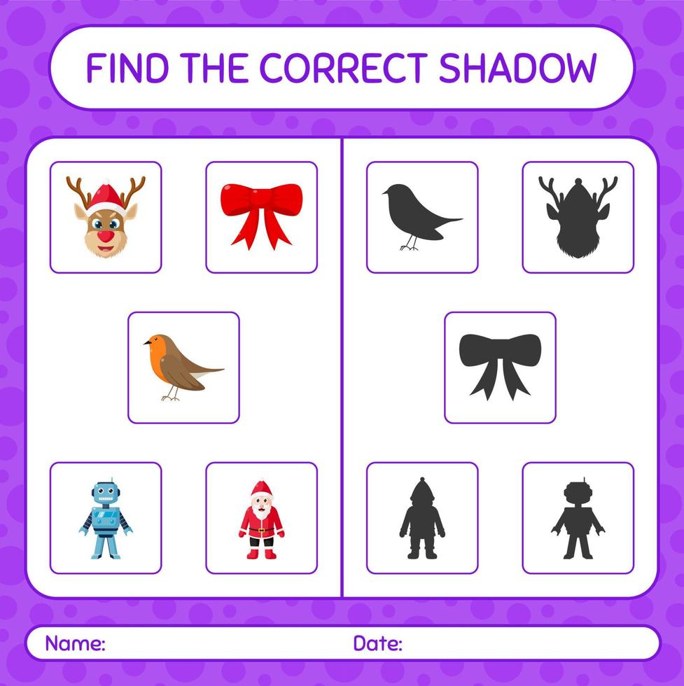 encontre o jogo de sombras correto com o ícone de natal. planilha para crianças pré-escolares, folha de atividades para crianças vetor