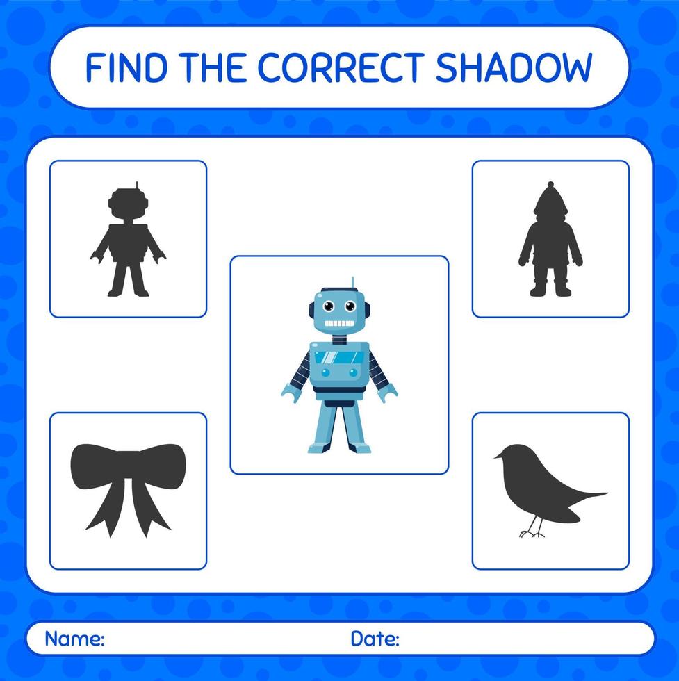 encontre o jogo de sombras correto com o brinquedo robô. planilha para crianças pré-escolares, folha de atividades para crianças vetor