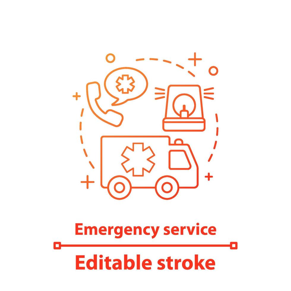 ícone do conceito de serviço de emergência. ilustração de linha fina de ideia de medicina e saúde. ambulância. desenho de contorno isolado de vetor. traço editável vetor