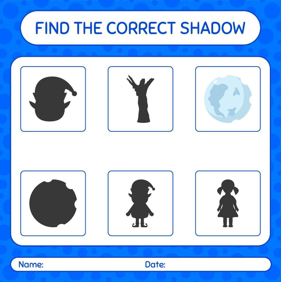encontre o jogo de sombras correto com lua cheia. planilha para crianças pré-escolares, folha de atividades para crianças vetor