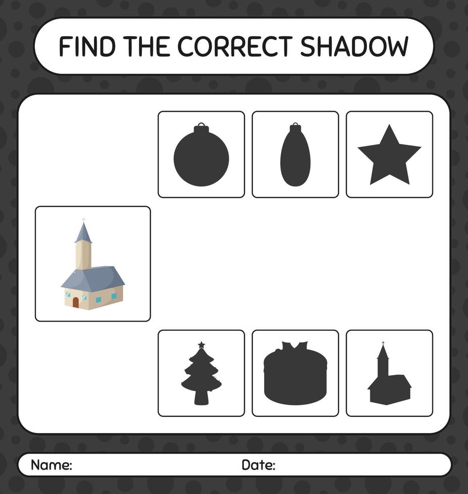 encontre o jogo de sombras correto com a igreja. planilha para crianças pré-escolares, folha de atividades para crianças vetor