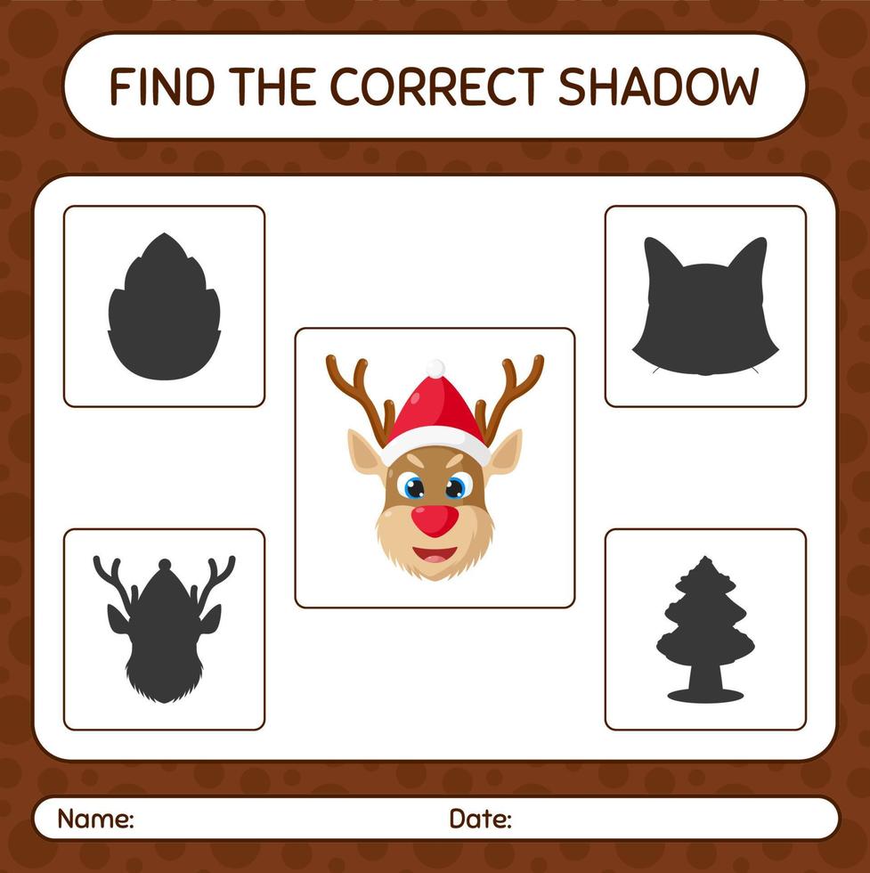encontre o jogo de sombras correto com renas. planilha para crianças pré-escolares, folha de atividades para crianças vetor
