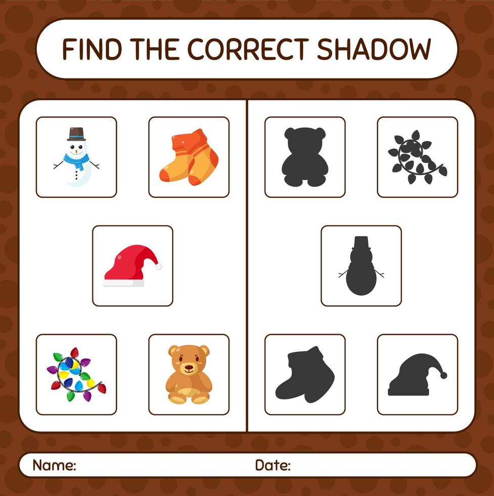 encontre o jogo de sombras correto com o ícone de natal. planilha para crianças pré-escolares, folha de atividades para crianças vetor