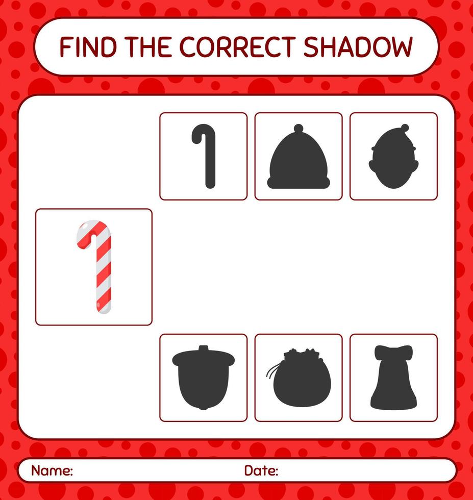encontre o jogo de sombras correto com o bastão de doces. planilha para crianças pré-escolares, folha de atividades para crianças vetor