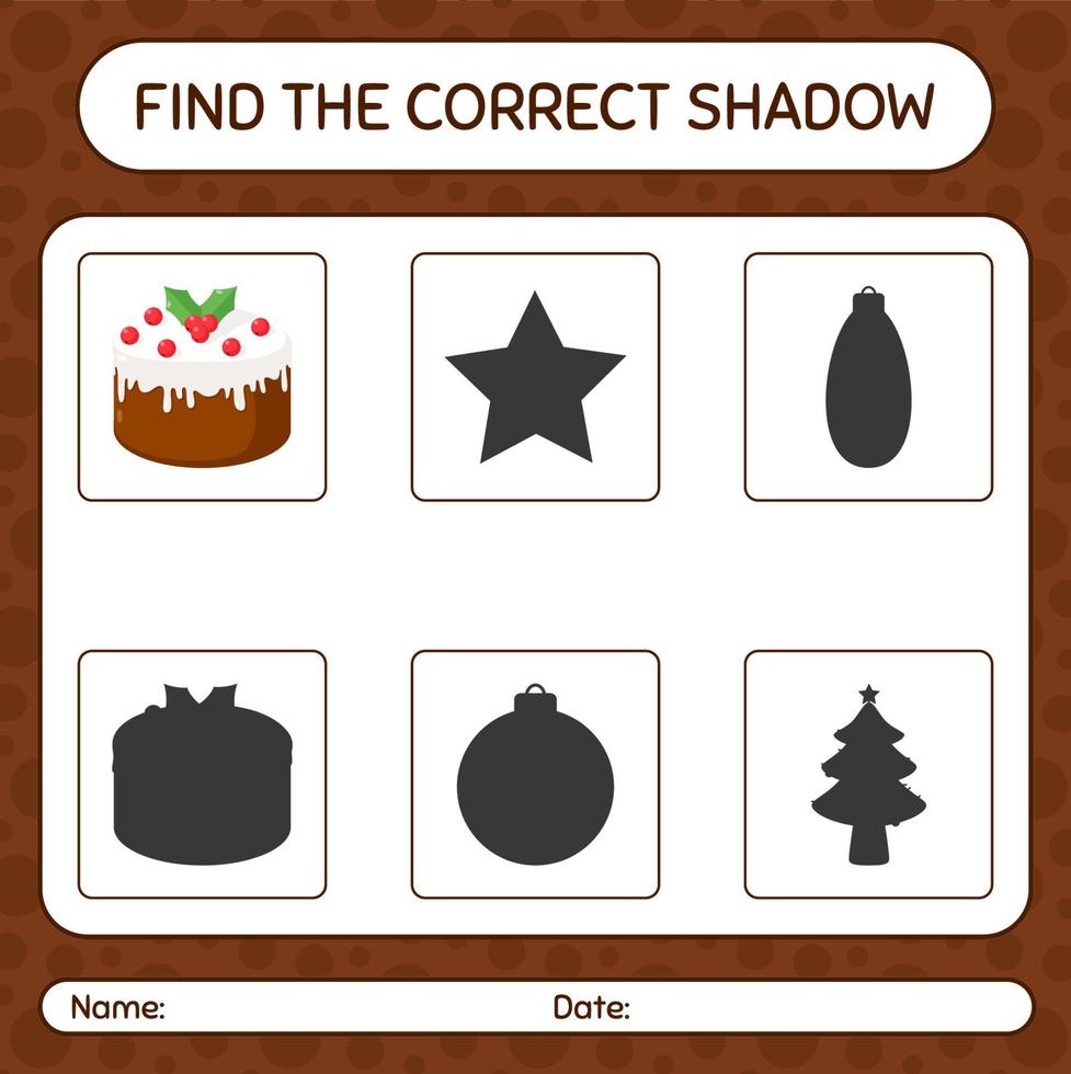 encontre o jogo de sombras correto com bolo de natal. planilha para crianças pré-escolares, folha de atividades para crianças vetor