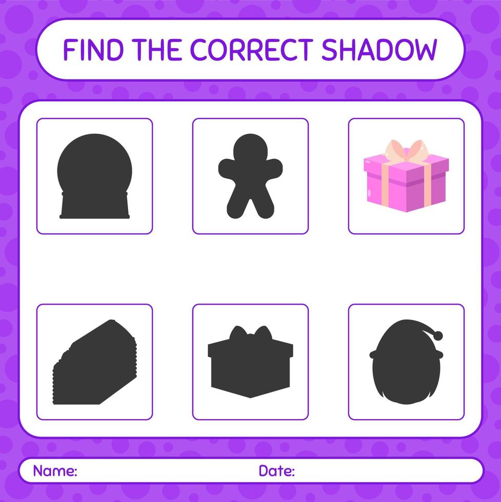 encontre o jogo de sombras correto com caixa de presente. planilha para crianças pré-escolares, folha de atividades para crianças vetor