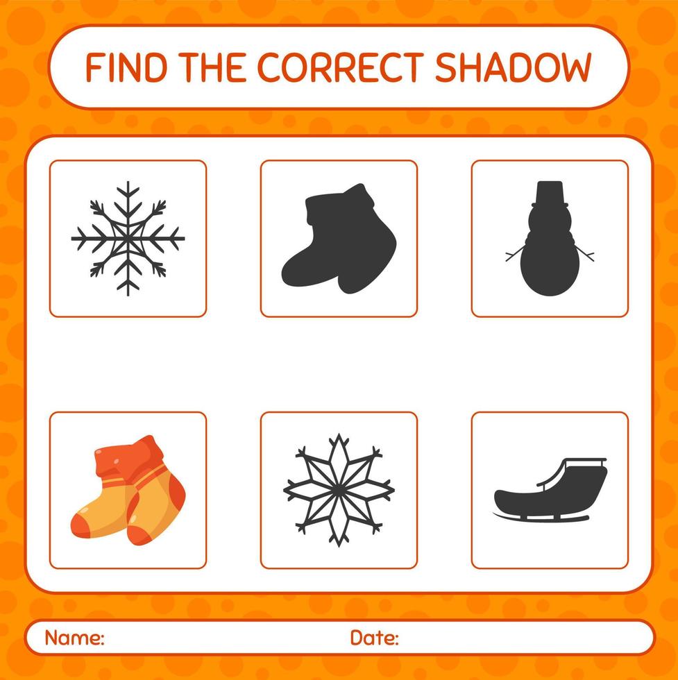 encontre o jogo de sombras correto com meia. planilha para crianças pré-escolares, folha de atividades para crianças vetor