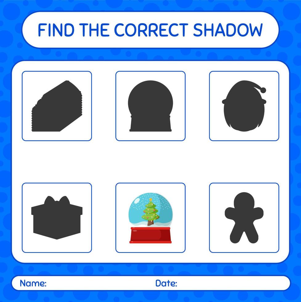 encontre o jogo de sombras correto com bola de neve de vidro. planilha para crianças pré-escolares, folha de atividades para crianças vetor