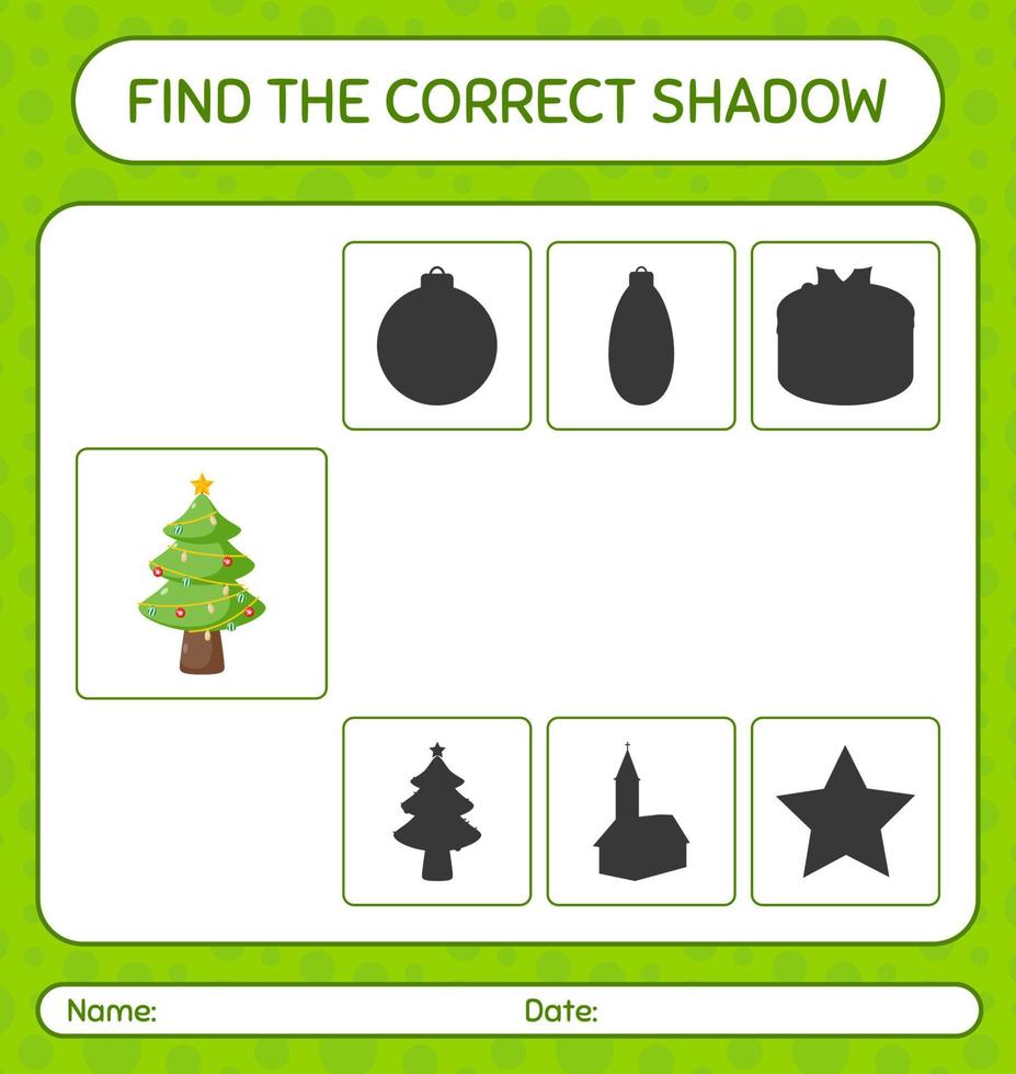 encontre o jogo de sombras correto com a árvore de natal. planilha para crianças pré-escolares, folha de atividades para crianças vetor