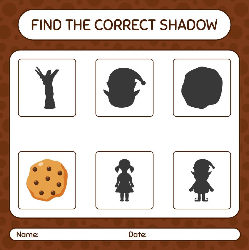 encontre o jogo de sombras correto com biscoito. planilha para crianças pré-escolares, folha de atividades para crianças vetor
