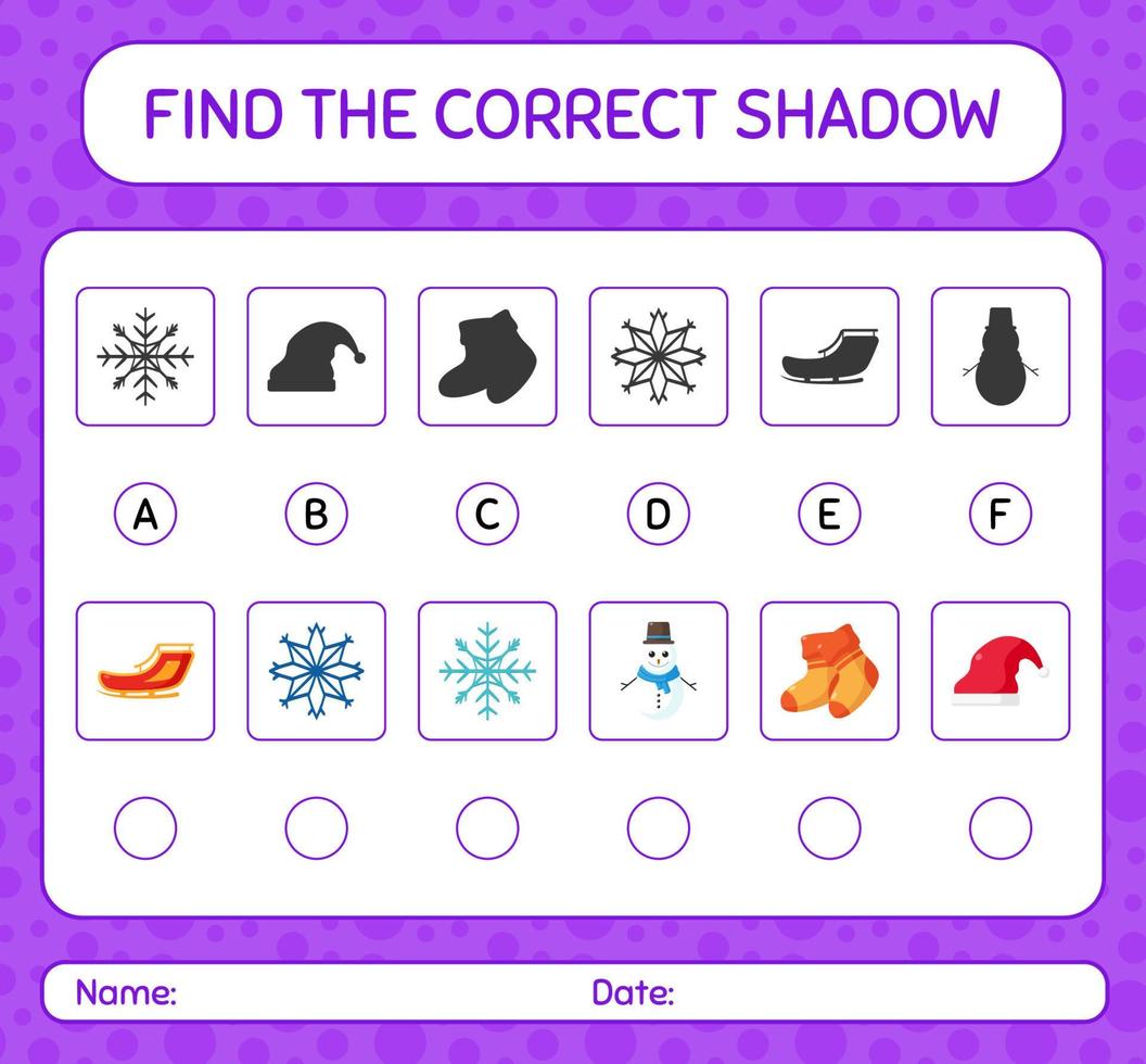 encontre o jogo de sombras correto com o ícone de natal. planilha para crianças pré-escolares, folha de atividades para crianças vetor