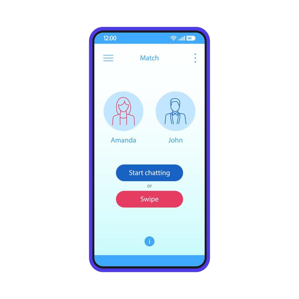 modelo de vetor de interface de aplicativo de namoro. layout de design azul de interface de aplicativo móvel. aplicativo de namoro online para smartphone. interface plana. visor do telefone com correspondência de homem e mulher. comece a conversar ou deslize