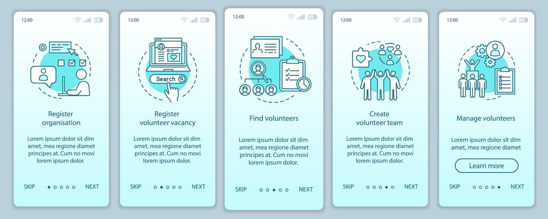 voluntários que encontram o modelo de vetor de tela de página de aplicativo móvel de integração. ajuda humanitária. Passo a passo do site do programa voluntário com ilustrações lineares. ux, ui, gui conceito de interface de smartphone