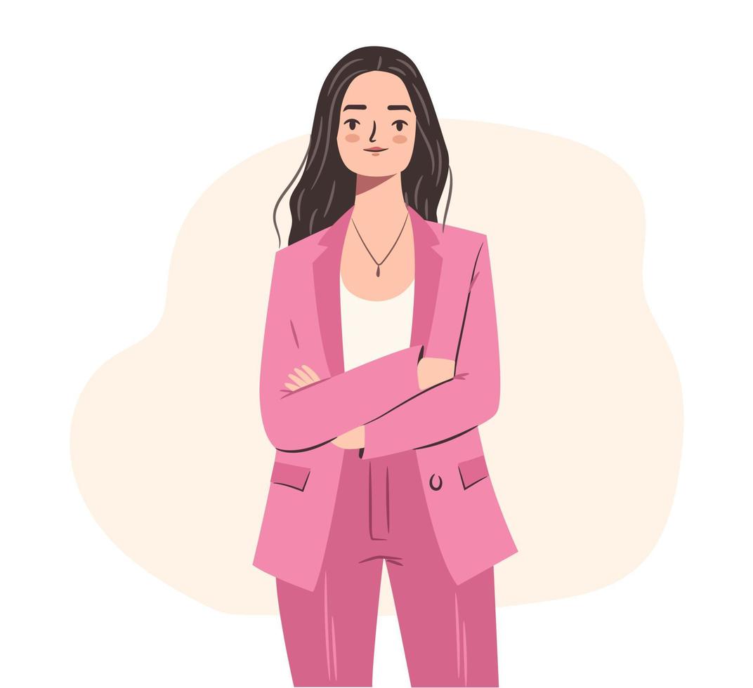 mulher de negócios confiante. jovem empoderada de terno elegante rosa com as mãos cruzadas. ilustração de personagem de vetor plana.