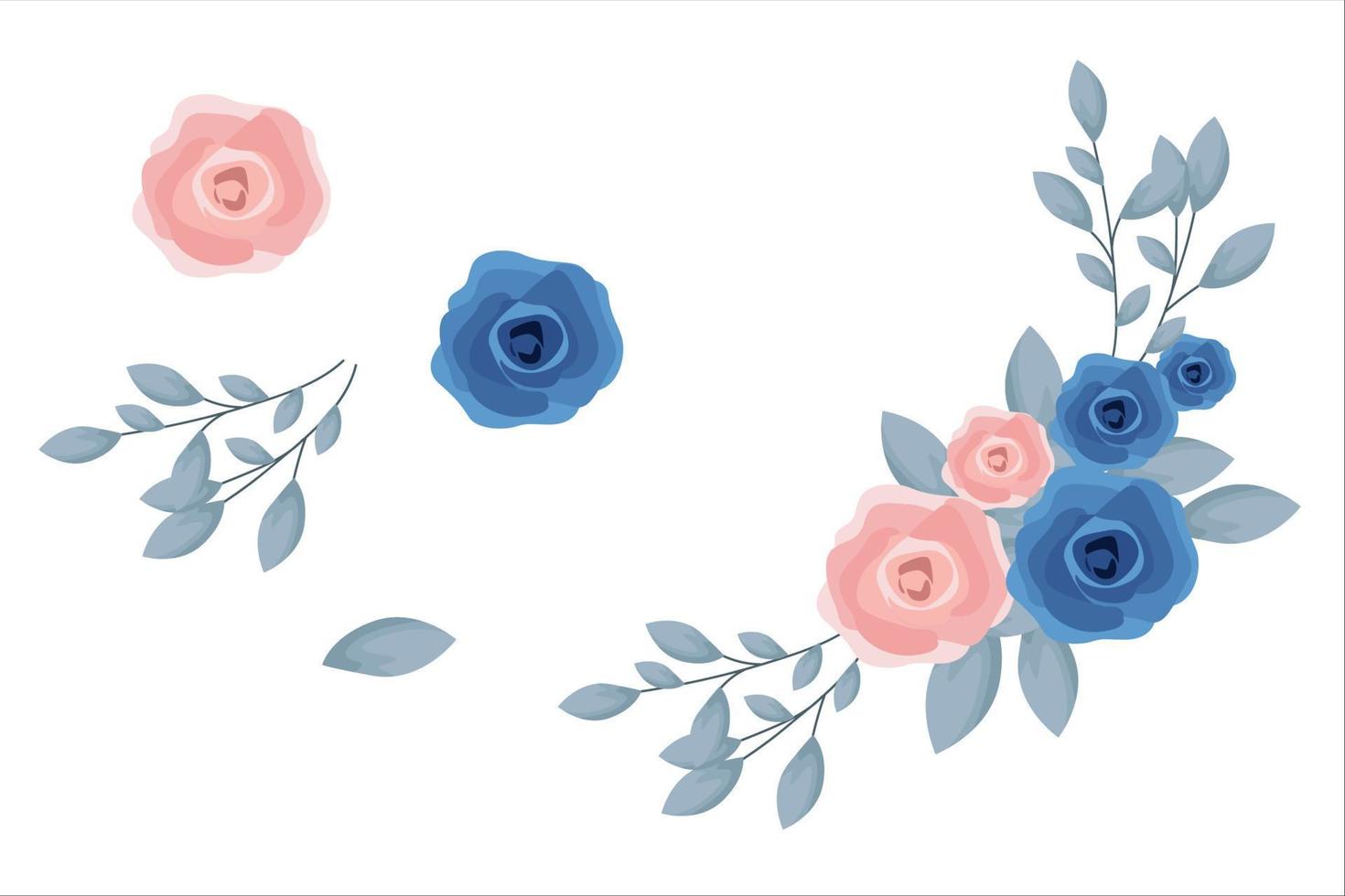 conjunto de flores azuis cor de rosa e clipart de folha isolado vetor