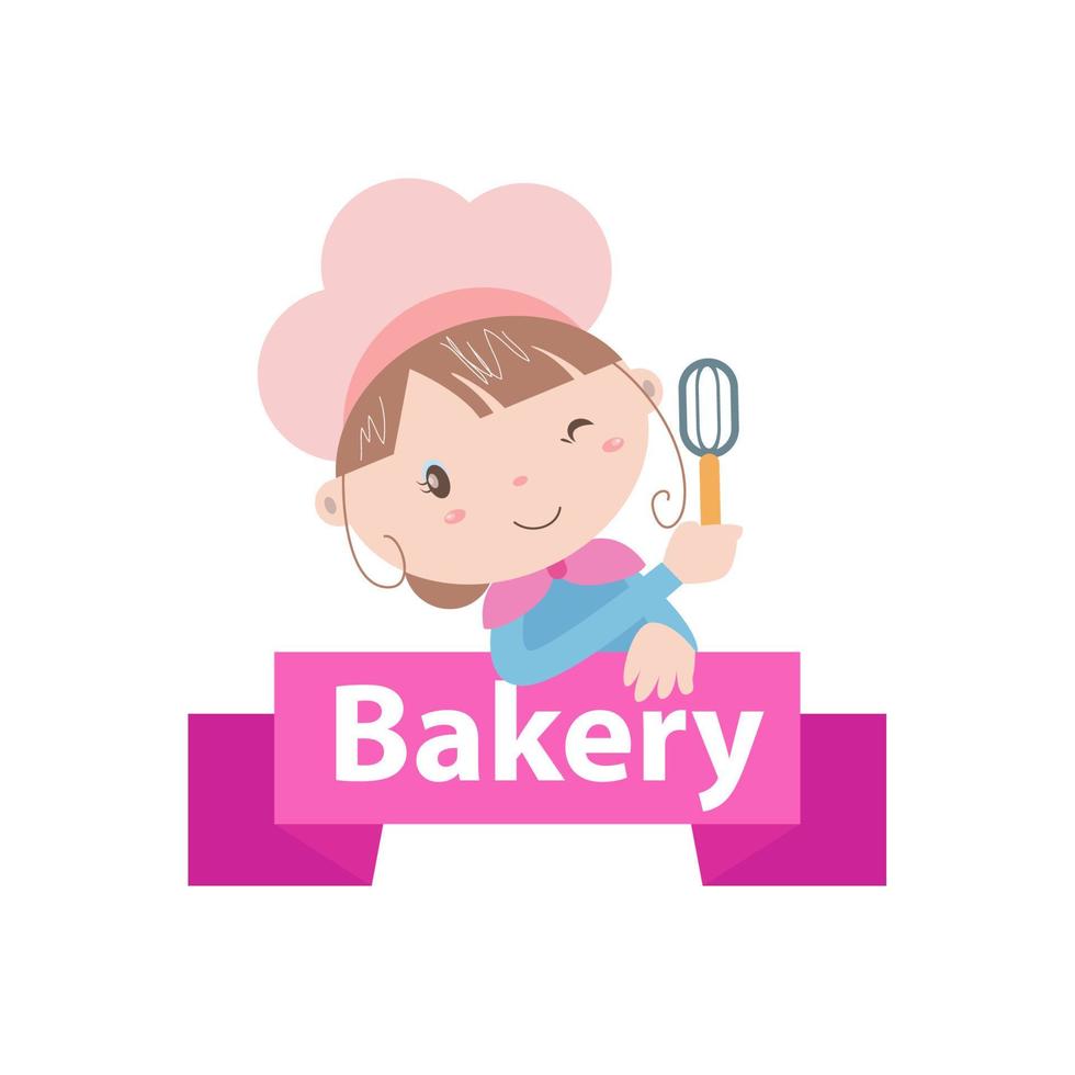 ilustração vetorial de logotipo de padaria com arte de desenho animado de linda garota vetor
