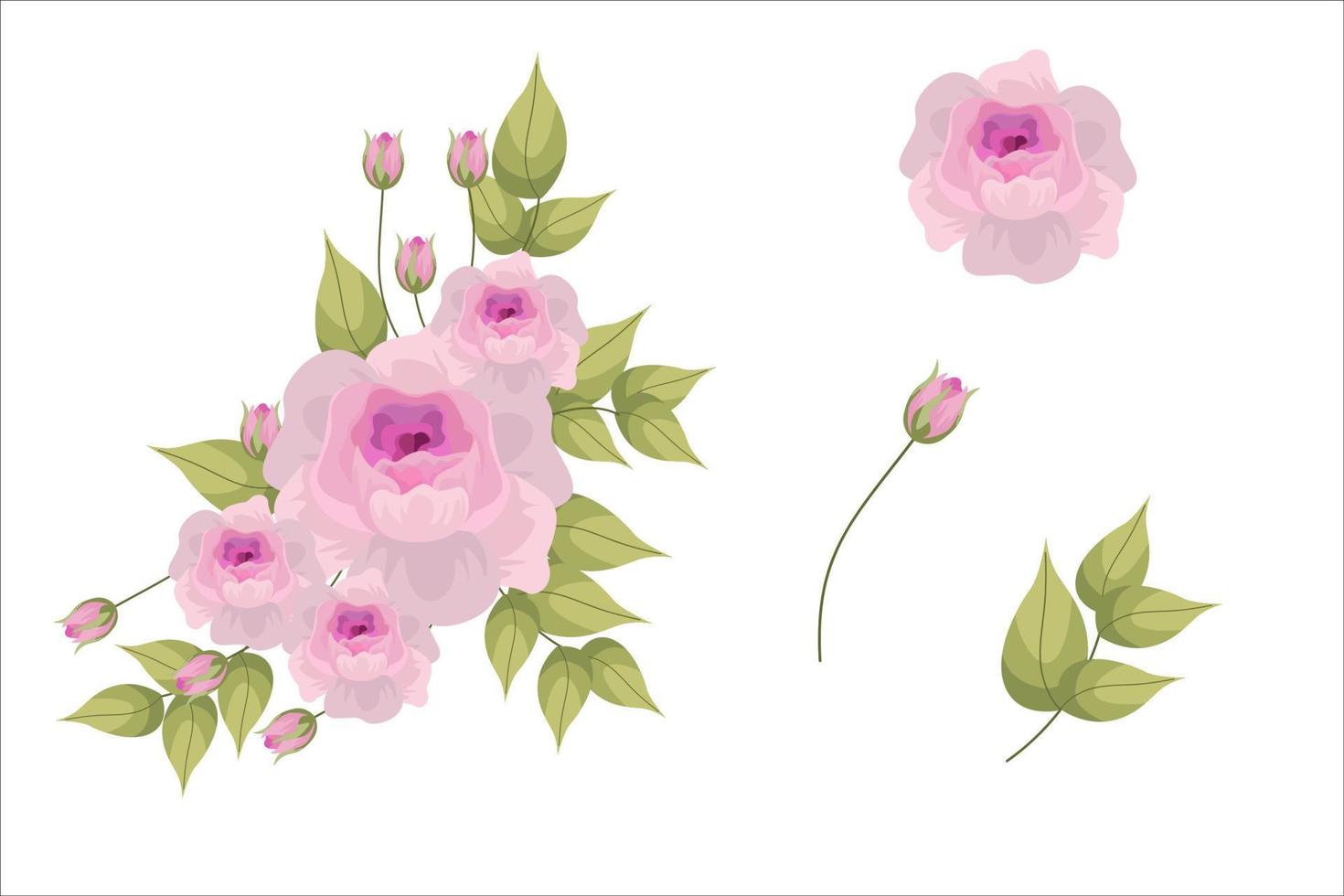 conjunto de flores cor de rosa e clipart de folha verde isolado vetor