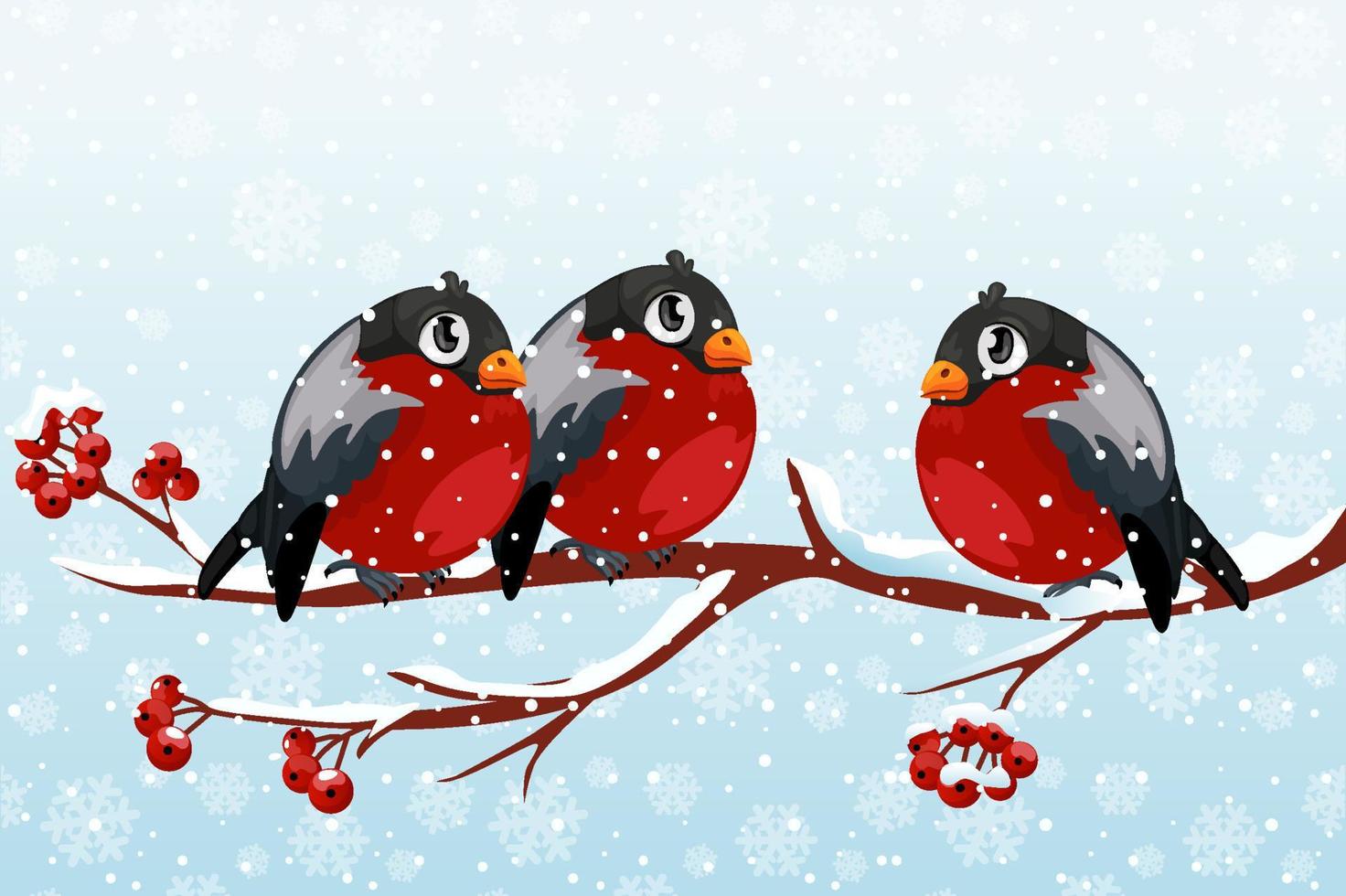 um grupo de bullfinches de desenho animado em um galho de rowan. pássaros vermelhos em um galho no inverno com neve. vetor