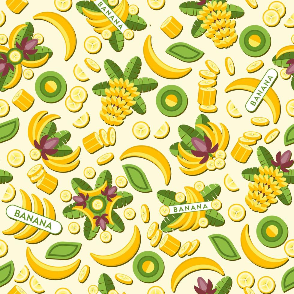 plano de fundo sem emenda com bananas e logotipos de banana. bom para decoração de embalagem de alimentos, embrulho. padrão vetorial vetor