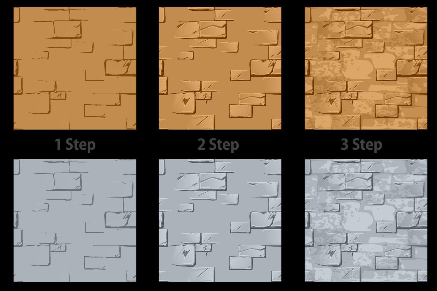 conjunto de vetores de paredes de pedra texturizadas passo a passo. sem costura padrão de parede de cimento de tijolo em andamento.