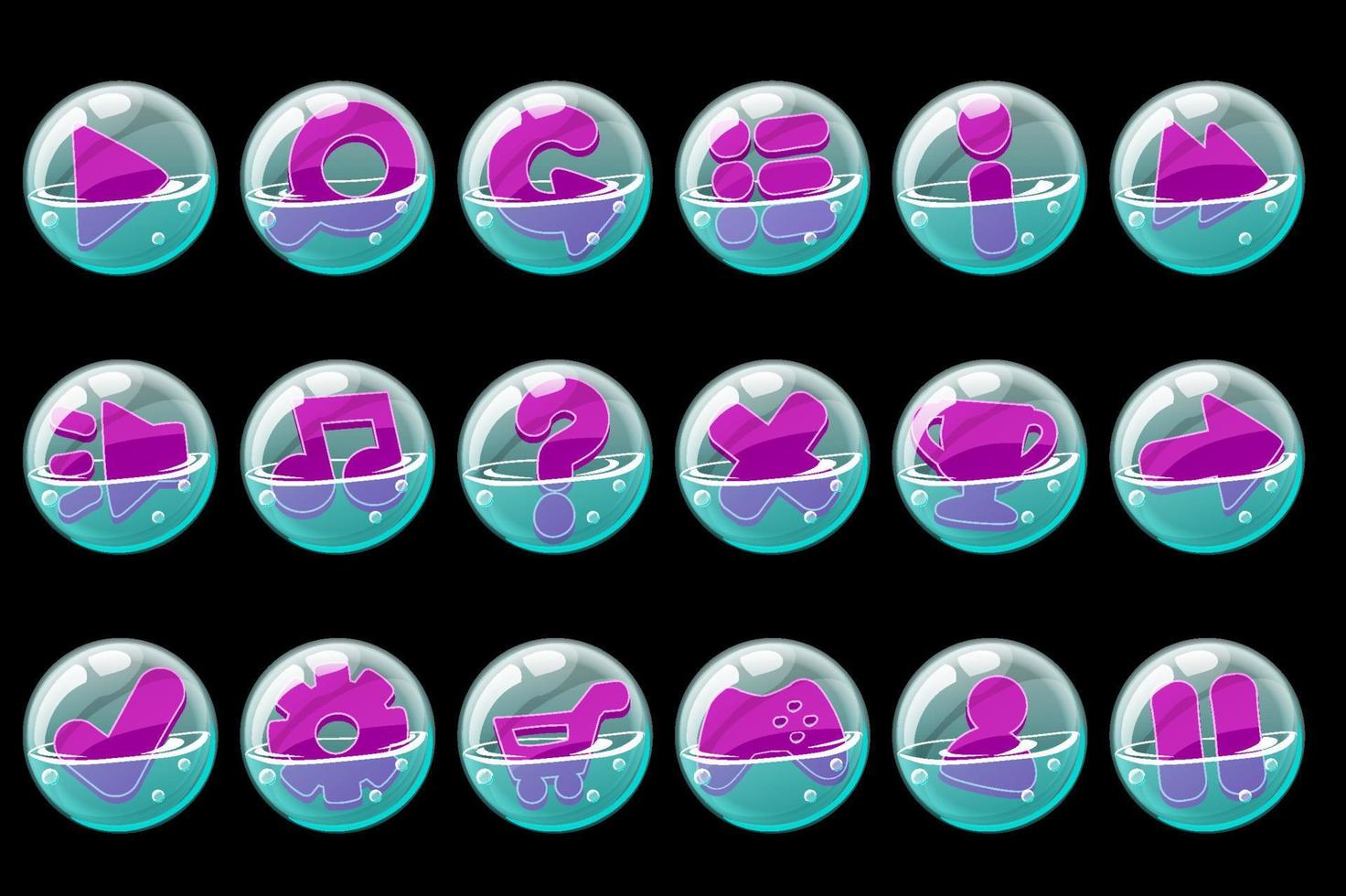 uma coleção de botões roxos em bolhas de sabão. conjunto de ícones de bolha para interface gráfica. vetor
