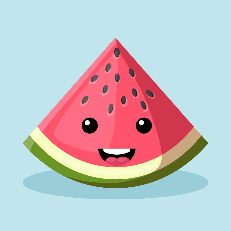 melancia de fatia feliz kawaii bonito, imagem vetorial de frutas em fundo azul vetor