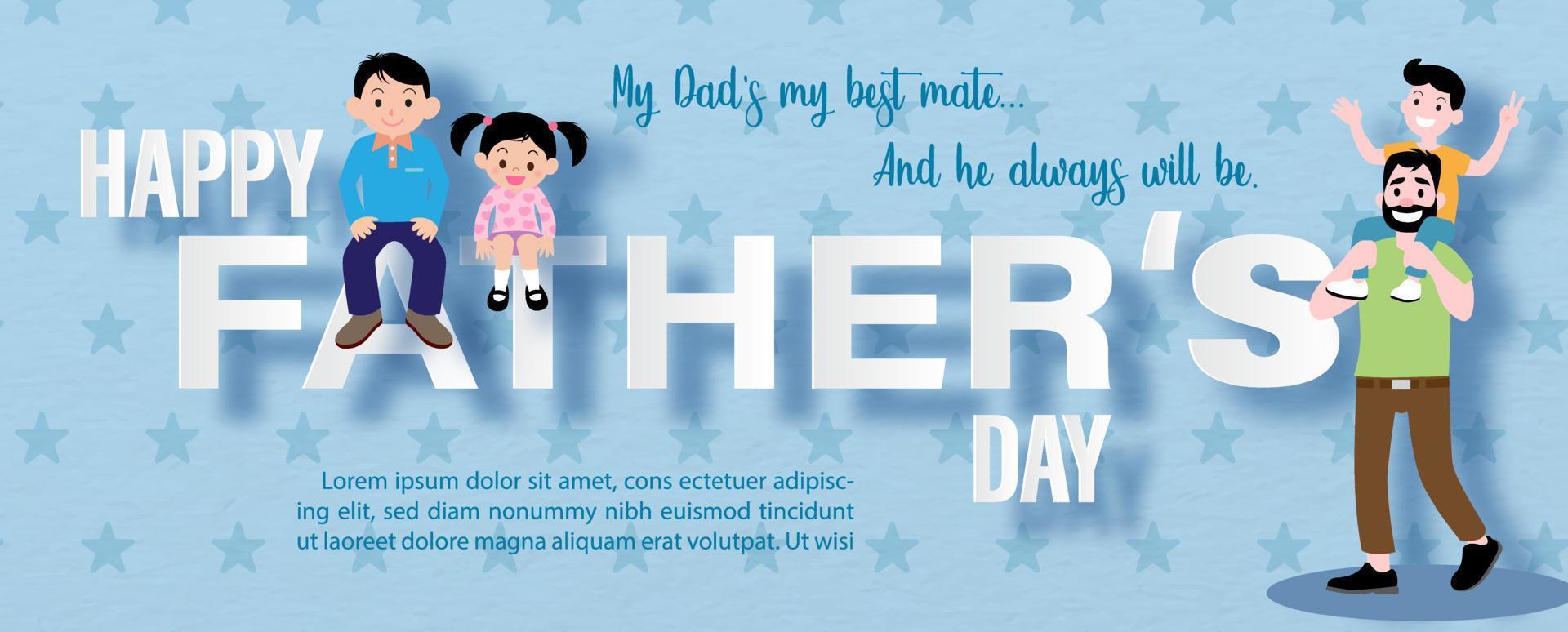 banner cartaz do dia dos pais com personagem de desenho animado e estilo de corte de papel no padrão de estrelas e fundo de papel azul. vetor