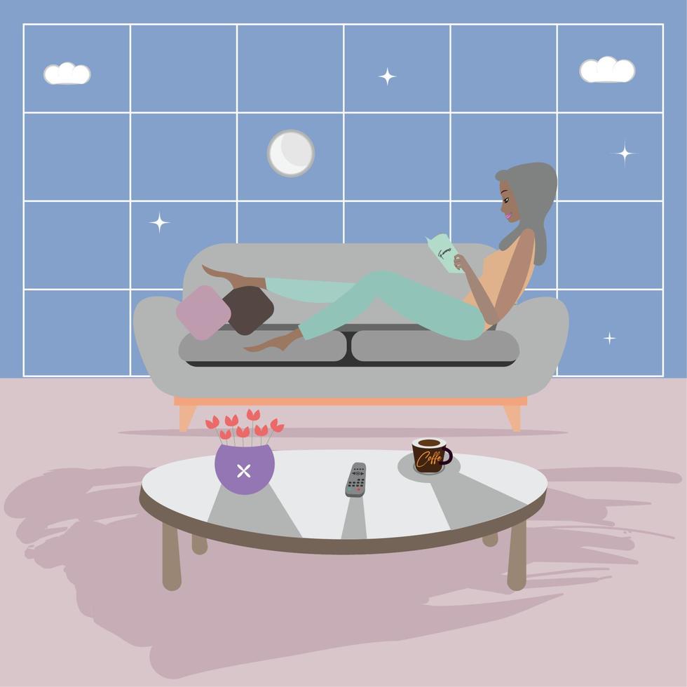 estilo de vida hygge. menina lendo um livro - ilustração vetorial vetor