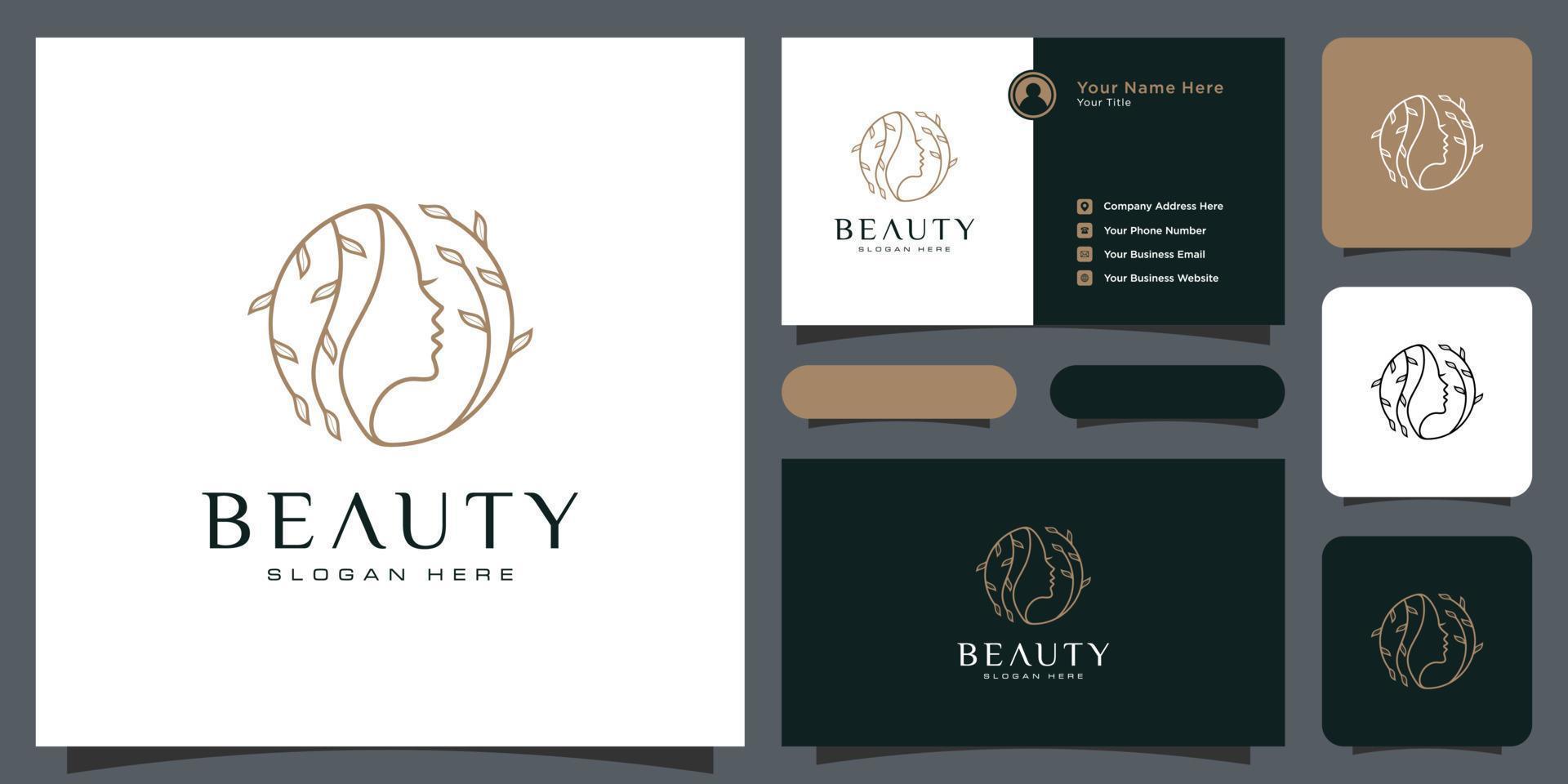 design de logotipo de penteado de mulher de beleza com cartão de visita para elementos de salão de pessoas da natureza vetor