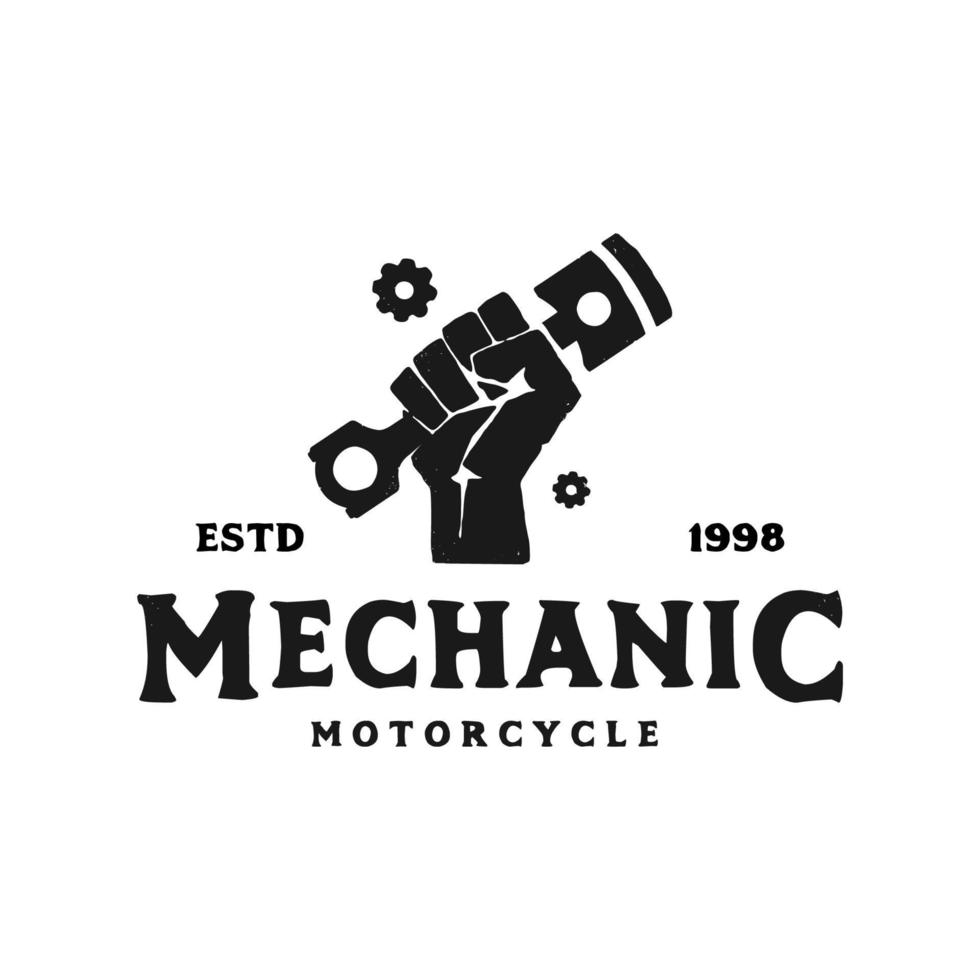 etiqueta de motocicleta monocromática mecânica logotipo vintage com a mão segurando o pistão do motor em ilustração vetorial isolada em círculo vetor
