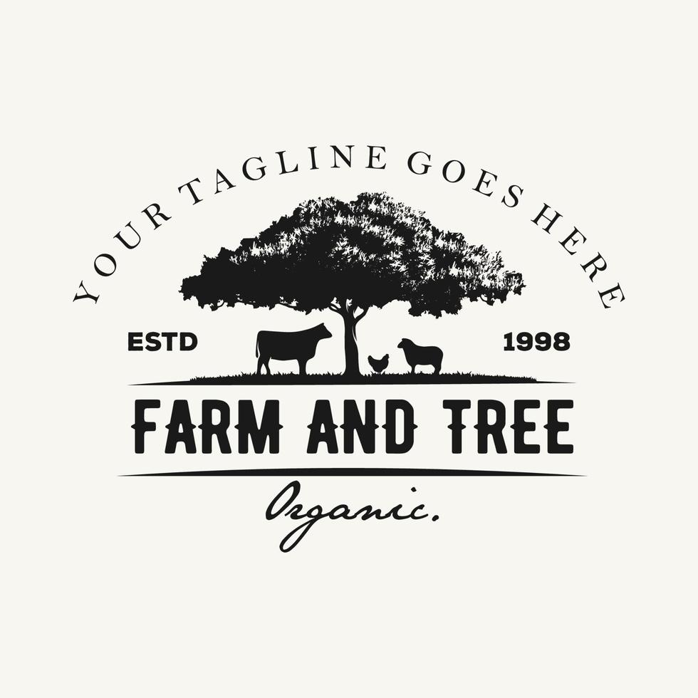 ilustração de carvalho com vetor premium de logotipo de estilo vintage de fazenda de animais